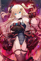  adapted_costume akai_haato artoria_pendragon_(fate) bare_shoulders black_choker black_leotard black_thighhighs blonde_hair blue_eyes breasts choker commentary_request cosplay fate/stay_night fate_(series) female garter_straps hair_between_eyes hair_ornament hairclip hand_on_own_chest heart heart_hair_ornament highres hololive large_breasts leotard long_hair magowasabi official_alternate_hairstyle parted_lips saber_alter saber_alter_(cosplay) signature smile solo standing thighhighs twitter_username two_side_up very_long_hair virtual_youtuber wrist_cuffs x_hair_ornament 