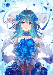  ahoge alternate_costume bare_shoulders blue_eyes blue_flower blue_hair blue_rose blush bouquet bridal_veil bride bride_(fire_emblem) byleth_(female)_(fire_emblem) byleth_(fire_emblem) choker closed_mouth collarbone commentary detached_sleeves dress english_commentary female fire_emblem fire_emblem:_three_houses flower hair_between_eyes highres holding holding_bouquet ichino_tomizuki lips long_hair looking_at_viewer petals rose smile solo veil wedding_dress white_dress 