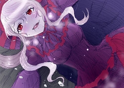  :d blush bonnet breast_padding breasts capelet colored_skin commentary_request dress drooling eyelashes female frilled_capelet frills from_below gothic_lolita hair_between_eyes lolita_fashion long_hair long_sleeves looking_at_viewer medium_breasts oerba_yun_fang open_mouth overlord_(maruyama) purple_dress red_eyes red_ribbon ribbon rurukichi saliva shalltear_bloodfallen silver_hair smile solo tongue vampire white_skin 