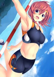  :d armpits blue_eyes cloud commentary day dutch_angle fangs female hair_between_eyes hair_ornament hairclip high_jump highres looking_at_viewer midriff moe2017 navel open_mouth original outdoors red_hair short_hair sky smile solo sports_bikini sukage track_and_field 