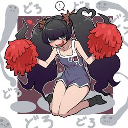  alternate_hairstyle black_eyes black_hair blush cheerleader female ghost heart kara_age kneeling long_hair looking_at_viewer messy_hair noraino_hanako noroino_hanako open_mouth pom_poms skirt smile socks solo twintails very_long_hair youkai_watch 