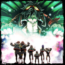  6+boys ailac_coega arm_around_shoulder barinbo clenched_teeth closed_eyes commentary_request from_behind goggles goggles_on_head jogan kidd_coega makken multiple_boys simon_(ttgl) teeth tengen_toppa_gurren_lagann umapan zoushi_kanai 