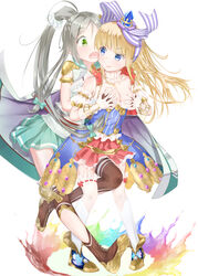  2girls atelier_(series) atelier_lydie_&amp;_suelle blonde_hair blue_eyes blush breasts brown_hair commentary_request fingerless_gloves firis_mistlud gem gloves gplnbeat grabbing grabbing_another&#039;s_breast grabbing_from_behind green_eyes highres ilmeria_von_leinweber long_hair multiple_girls ponytail smile thighhighs yuri 