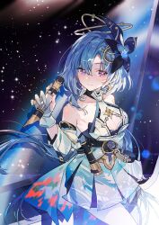  absurdres armpits bare_shoulders blue_dress blue_hair breasts cleavage crescent crescent_earrings dress earrings female flower griseo griseo_(cosmic_expression) hair_between_eyes hair_flower hair_ornament highres holding holding_pen honkai_(series) honkai_impact_3rd jewelry large_breasts long_hair looking_at_viewer paint_on_clothes pantyhose pen purple_eyes space white_pantyhose zishengtian123 