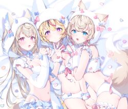  3girls :3 :d absurdres alternate_costume animal_ear_fluff animal_ears arm_strap arm_warmers ass back_bow bandaid bandaid_hair_ornament bed_sheet black_hair blonde_hair blue_eyes blue_hair blue_panties blush bow bowtie bra breasts choker cleavage colored_inner_hair commentary_request criss-cross_halter crossed_bangs dog_ears dog_girl dog_tail double-parted_bangs facial_mark fake_horns fox_ears fox_girl fox_tail frilled_bra frilled_skirt frills fur_bra fur_choker fur_hairband fur_hood fur_panties fur_wrist_cuffs fuwawa_abyssgard hair_between_eyes hair_ornament hairband hairclip halterneck hand_up heart heart-shaped_pupils highleg highleg_panties highres hololive hololive_english hood hood_up horns kio_is_here knees_out_of_frame long_hair looking_at_viewer lying median_furrow medium_breasts microskirt miniskirt mococo_abyssgard multi-strapped_bra multicolored_hair multiple_girls navel omaru_polka on_back on_stomach panties pink_bow pink_bowtie pink_eyes pink_hair pom_pom_(clothes) purple_eyes short_hair siblings sisters skirt smile stomach streaked_hair symbol-shaped_pupils tail tail_bow tail_ornament twins two_side_up underwear underwear_only virtual_youtuber waist_bow white_arm_warmers white_bow white_bra white_choker white_hairband white_hood white_panties x_hair_ornament 