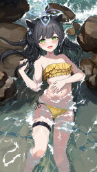  :d alternate_costume animal_ears bikini black_hair blue_archive blue_halo blush breasts commentary cross_hair_ornament feet_out_of_frame female green_eyes hair_ornament halo hand_on_own_stomach hand_up highres holding holding_own_hair jamgom long_sleeves looking_at_viewer lying on_back open_mouth partially_submerged rock shun_(blue_archive) shun_(small)_(blue_archive) side-tie_bikini_bottom small_breasts smile solo strapless strapless_bikini swimsuit thigh_strap yellow_bikini 