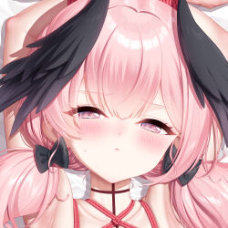  :&lt; arms_up black_bow black_wings blue_archive blush bondage bound bound_arms bow close-up collarbone commentary_request eyes_visible_through_hair feathered_wings female hairbow haneru head_wings highres koharu_(blue_archive) long_hair looking_at_viewer pink_eyes pink_hair portrait rope solo twintails wings 