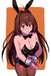  animal_ears aozaki_aoko bare_shoulders black_leotard blue_eyes blush breasts brown_hair brown_pantyhose detached_collar echo_(circa) fake_animal_ears female fishnet_pantyhose fishnets hair_intakes large_breasts leotard long_hair mahou_tsukai_no_yoru pantyhose playboy_bunny rabbit_ears sidelocks solo thighs wrist_cuffs 