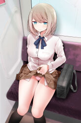  arm_at_side bag black_socks blue_eyes blue_ribbon blush breast_pocket breasts brown_hair brown_skirt buttons clothes_lift collared_shirt commentary_request dress_shirt feet_out_of_frame female frown grey_shirt highres indoors kneehighs lifting_own_clothes long_sleeves looking_at_viewer medium_breasts medium_hair miniskirt neck_ribbon oouso original panties pleated_skirt pocket print_panties revision ribbon shirt sitting skirt skirt_lift socks solo sweat swept_bangs thigh_gap underwear wavy_mouth wing_collar yellow_panties 