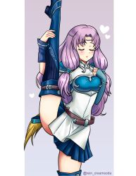  armor blue_footwear blue_skirt boots breastplate circlet closed_eyes commission dress english_commentary female fire_emblem fire_emblem:_the_blazing_blade florina_(fire_emblem) heart highres holding_leg leg_up long_hair parted_lips pleated_skirt purple_hair rein_creamsoda shoulder_armor skirt solo split standing standing_on_one_leg standing_split thigh_boots twitter_username white_dress 