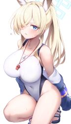  animal_ear_fluff animal_ears blonde_hair blue_archive blue_eyes blue_halo blush breasts commentary_request competition_swimsuit female hair_over_one_eye halo highleg highleg_one-piece_swimsuit highres kanna_(blue_archive) kanna_(swimsuit)_(blue_archive) large_breasts long_bangs long_hair looking_at_viewer morros official_alternate_costume one-piece_swimsuit sharp_teeth simple_background solo squatting sweat swimsuit teeth thighs toes whistle whistle_around_neck white_background 