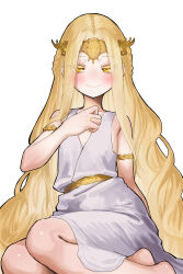  1boy absurdres blonde_hair blush braid colored_eyelashes commentary dress ekrea_jan elden_ring highres jewelry long_hair looking_at_viewer miquella_(elden_ring) otoko_no_ko ring simple_background smile solo very_long_hair wedding_ring white_background white_dress yellow_eyes 