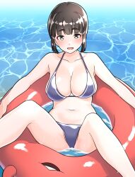  abyssal_ship bikini black_hair blush breasts brown_eyes brown_hair enemy_lifebuoy_(kancolle) female furaggu_(frag_0416) hair_between_eyes hair_bun hair_ornament hairclip highres innertube kantai_collection long_hair looking_at_viewer marine_day myoukou_(kancolle) ocean purple_bikini smile swim_ring swimsuit water 