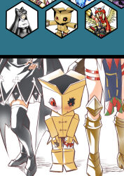  anthro bacomon bandai_namco blush cardboard digimon digimon_(species) embarrassed female group hi_res humanoid looking_down male red_eyes trio xkeyliom 