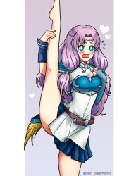  armor blue_skirt blush breastplate circlet commission dress english_commentary female fire_emblem fire_emblem:_the_blazing_blade florina_(fire_emblem) flying_teardrops green_eyes heart highres holding_leg leg_up long_hair looking_at_viewer open_mouth pleated_skirt purple_hair rein_creamsoda shoulder_armor skirt solo split standing standing_on_one_leg standing_split tears twitter_username white_dress 