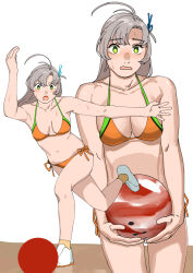  anime_girl_throwing_things_(meme) antenna_hair ball bikini bowling bowling_ball breasts cleavage collarbone cowboy_shot female full_body green_eyes grey_hair kantai_collection kinugasa_(kancolle) kinugasa_kai_ni_(kancolle) medium_breasts meme multiple_views ojipon orange_bikini side-tie_bikini_bottom simple_background swimsuit two-tone_bikini white_background white_footwear 