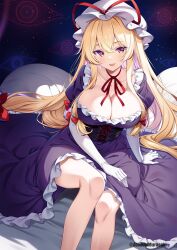  arm_support bare_legs blonde_hair blush bow breasts cellphone cleavage collarbone commentary_request corset dress elbow_gloves feet_out_of_frame female gloves hairbow hat highres huge_breasts long_hair looking_at_viewer murasaki_atsushi neck_ribbon phone purple_dress red_bow red_ribbon ribbon scoop_neck sitting smile solo touhou twitter_username very_long_hair white_gloves white_hat yakumo_yukari yellow_eyes 