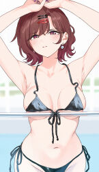  against_glass armpits arms_up bikini black_bikini blush breasts breasts_apart brown_hair collarbone earrings female fingernails front-tie_bikini_top front-tie_top groin halterneck highres higuchi_madoka idolmaster idolmaster_shiny_colors jewelry looking_at_viewer medium_breasts mole mole_under_eye nail_polish navel nonbire partially_submerged pool red_eyes side-tie_bikini_bottom solo stomach string_bikini swimsuit 