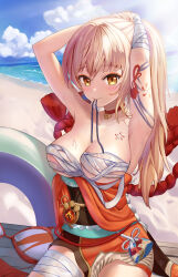  absurdres arm_tattoo armpits arms_up bandaged_leg bandages bare_shoulders beach black_sash blonde_hair blue_sky breasts chest_tattoo choker cleavage cloud day eyeshadow female genshin_impact gyeonyu_art highres large_breasts long_hair makeup obi red_choker sarashi sash sitting sky solo tattoo undone_sarashi wrist_wrap yellow_eyes yoimiya_(genshin_impact) 