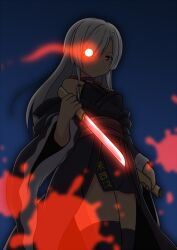  bare_shoulders black_thighhighs blood blood_splatter christmas commentary_request dark-skinned_female dark_skin dim_lighting eye_trail floahi glowing glowing_sword glowing_weapon grey_hair hat highres holding holding_weapon light_trail long_hair long_sleeves looking_at_viewer low-tied_sidelocks obi off_shoulder red_eyes reverse_grip santa_costume santa_hat sash scabbard sheath short_sword sword tantou tenka_hyakken thighhighs torikai_rai_kunitsugu v-shaped_eyebrows weapon wide_sleeves 