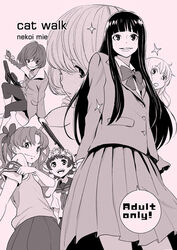  6+girls aoki_yuriko bakuman blazer character_request darker_than_black head_wreath jacket kimi_ni_todoke kuronuma_sawako legs monochrome multiple_girls nekoi_mie pantyhose pink_background pink_theme sakugawa_school_uniform school_uniform serafuku shirai_kuroko skirt summer_uniform suou_pavlichenko toaru_kagaku_no_railgun toaru_majutsu_no_index tokiwadai_school_uniform uiharu_kazari 