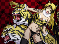  animal_hands animal_print blonde_hair claws commentary_request fangs female iga_tomoteru original solo tattoo thighhighs tiger tiger_print yellow_eyes 