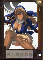  absurdres armor boots breasts brown_hair cleavage cross dodging downblouse female garter_straps gloves green_eyes habit high_heels highres jewelry large_breasts lips long_hair mole mole_under_mouth necklace nun oda_non official_art queen&#039;s_blade queen&#039;s_blade_rebellion shoes sigui_(queen&#039;s_blade) skirt solo thighhighs translation_request zettai_ryouiki 