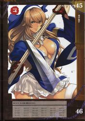  absurdres armlet armor axe boots breasts brown_hair cross female garter_straps gloves green_eyes habit highres jewelry large_breasts lips long_hair mole mole_under_mouth necklace nun oda_non official_art queen&#039;s_blade queen&#039;s_blade_rebellion scan sigui_(queen&#039;s_blade) skirt smile solo staff sword thighhighs translation_request weapon 