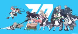  6+girls absurdres ahoge akane_(blue_archive) animal_ear_headphones animal_ears apron aris_(blue_archive) aris_(maid)_(blue_archive) artist_name assault_rifle asuna_(blue_archive) back_bow battle_rifle black_choker black_footwear black_gloves black_hair black_halo black_skirt black_wristband blonde_hair blue_archive blue_background blue_bow blue_bowtie blue_eyes blue_halo blue_necktie boots borrowed_clothes bow bowtie box boys_anti_tank_rifle braid braided_bun breasts brown_eyes brown_shawl bullpup bun_cover cardboard_box cat_ear_headphones cat_tail center_frills chains chest_harness choker cleaning_&amp;_clearing_(blue_archive) cleavage closed_mouth dark-skinned_female dark_skin detached_collar dual_wielding earpiece earrings elbow_gloves exoskeleton fake_animal_ears famas fingerless_gloves floating_hair forehead french_braid frilled_apron frills game_development_department_(blue_archive) glasses gloves green_eyes green_halo grin gun h&amp;k_g3 hair_bun hair_ribbon hairbow halo harness headphones high_heels highres holding holding_case holding_gun holding_weapon huge_ahoge in_box in_container jacket jewelry juliet_sleeves karin_(blue_archive) knee_boots large_breasts light_brown_hair long_bangs long_hair long_skirt long_sleeves looking_ahead maid maid_apron maid_headdress majinmallow mary_janes mecha midair midori_(blue_archive) midori_(maid)_(blue_archive) mole mole_on_breast mole_under_eye momoi_(blue_archive) momoi_(maid)_(blue_archive) multiple_girls necktie neru_(blue_archive) number_print official_alternate_costume open_clothes open_jacket open_mouth orange_hair pantyhose pink_eyes pink_halo pink_weapon plaid_shawl pleated_skirt ponytail pouch profile puffy_short_sleeves puffy_sleeves purple_eyes purple_halo railgun red_bow red_eyes ribbon rifle robot running scared serious shawl shirt shoes short_hair short_sleeves sig_mpx single_braid single_hair_bun skirt sliding small_breasts smile sneakers standing stud_earrings submachine_gun sukajan tactical_maid tail thigh_strap thighhighs toki_(blue_archive) twintails unconventional_maid undone_necktie waist_apron walking wavy_mouth weapon white_apron white_bow white_footwear white_gloves white_pantyhose white_shirt white_thighhighs yellow_eyes yellow_halo yuzu_(blue_archive) yuzu_(maid)_(blue_archive) 