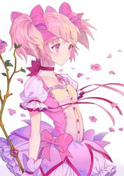  bow bow_(weapon) bubble_skirt commentary female flower gloves inzup kaname_madoka kaname_madoka_(magical_girl) magical_girl mahou_shoujo_madoka_magica mahou_shoujo_madoka_magica_(anime) petals pink_eyes pink_hair ribbon rose rose_petals short_hair simple_background skirt solo symbol-only_commentary weapon 