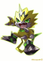  absurdres claws commentary_request creature digimon digimon_(creature) fangs full_body green_eyes highres lightning_bolt_symbol no_humans open_mouth outer_glow pulsemon signature simple_background solo tail tongue twitter_username watagashikn white_background yellow_fur 