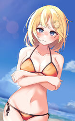  absurdres arms_under_breasts ass_visible_through_thighs beach bikini blonde_hair blue_eyes blue_sky blurry blush bob_cut bokeh breasts chillout_tang cleavage cloud crossed_arms day depth_of_field dutch_angle female groin hair_ornament halterneck highres hololive hololive_english large_breasts looking_at_viewer medium_hair mole mole_on_breast navel orange_bikini outdoors side-tie_bikini_bottom skindentation sky solo string_bikini swimsuit thigh_gap thighs virtual_youtuber watson_amelia 