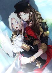  2girls ascot blush bracelet brown_hair cape commentary dorothea_arnault earrings edelgard_von_hresvelg english_commentary epaulettes fire_emblem fire_emblem:_three_houses garreg_mach_monastery_uniform gloves green_eyes hat highres hug hug_from_behind jewelry long_hair multiple_girls open_mouth pantyhose paper purple_eyes red_cape sieka_(piiroinardesco) smile surprised white_hair yuri 