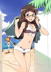  4boys 6+girls :d akizuki_ritsuko antenna_hair ass barefoot bikini bikini_shorts blonde_hair braid breasts brown_eyes brown_hair cleavage cloud collarbone commentary_request day front-tie_top glasses groin hat idolmaster idolmaster_(classic) jewelry long_hair multiple_boys multiple_girls mushiboy navel open_mouth pendant red-framed_eyewear semi-rimless_eyewear shorts sky small_breasts smile sweat swimsuit thigh_gap twin_braids umbrella under-rim_eyewear 