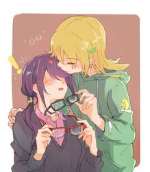  ! 2girls :d ^^^ arm_around_shoulder bad_id bad_twitter_id banana_hair_ornament banana_print black_sweater blonde_hair blush brown_background closed_eyes collared_shirt commentary_request daiba_nana drawstring earrings eris.y_(7hai) food-themed_hair_ornament glasses green_hoodie hair_ornament hair_tie hairpin heart highres holding holding_removed_eyewear hood hood_down hoodie hoshimi_junna jewelry kissing kissing_forehead long_hair long_sleeves multiple_girls no_eyes open_mouth pink_shirt ponytail purple_hair shirt shoujo_kageki_revue_starlight sidelocks smile sweater unworn_eyewear upper_body yuri 