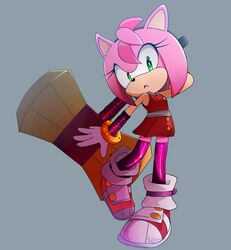  accessory amy_rose anthro baitong9194 black_nose clothing eulipotyphlan female footwear gloves green_eyes grey_background hair hair_accessory hairband hammer handwear hedgehog hi_res legwear mammal melee_weapon open_mouth piko_piko_hammer pink_hair sega short_hair signature simple_background solo sonic_boom sonic_the_hedgehog_(series) tools weapon 