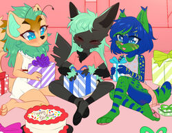  2018 4_fingers anthro aoizuri birthday birthday_cake black_body black_clothing black_footwear black_fur black_nose blue_body blue_eyes blue_fur blue_hair blue_tail blush bottomwear cake clothed clothing cute_fangs dessert detailed_background digital_media_(artwork) domestic_cat dots dress faerie_neopet felid feline felis female fingers food footwear front_view fur gift green_body green_fur green_hair green_tail group hair happy hybrid inside long_hair mammal markings multicolored_body multicolored_fur multicolored_hair neopet_(species) neopets open_mouth pawpads paws pink_bottomwear pink_clothing pink_nose pink_shirt pink_skirt pink_topwear shirt sitting skirt smile striped_body striped_fur striped_markings striped_tail stripes tail tail_markings tongue topwear two_tone_body two_tone_fur two_tone_hair two_tone_tail white_clothing white_dress xweetok young young_anthro 