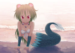  bare_shoulders clam commentary_request female green_hair highres isou_nagi long_hair mermaid monster_girl muromi-san namiuchigiwa_no_muromi-san navel photoshop_(medium) red_eyes seashell shell smile solo twintails very_long_hair waves 