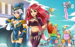  2girls 4boys armor ashe_(league_of_legends) bag blade blue_eyes blush box breasts city cleavage corki garen_crownguard gift helmet hood katarina_du_couteau league_of_legends long_hair milikki multiple_boys multiple_girls presents red_hair scar shopping skirt smile stockings sword thong tryndamere weapon white_hair 