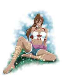  ankle_lace-up arm_support barefoot blush breasts brown_hair cleavage closed_eyes commentary_request crop_top cross-laced_footwear dark-skinned_female dark_skin female highres large_breasts leaning_back leg_ribbon legs midriff navel noloty_malche ponytail ribbon sabachiyo_land sitting solo strapless tatakau_shisho thigh_ribbon tube_top 