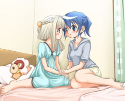  2girls barefoot bed blue_eyes blue_hair blush brown_eyes commentary_request eye_contact half_updo hidamari_sketch holding_hands kahis_(sweetbriar) looking_at_another multiple_girls nazuna_(hidamari_sketch) nightgown nori_(hidamari_sketch) on_bed sitting yuri 