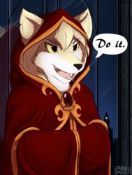  2017 ambiguous_gender anthro canid canine canis clothing clovis_(twokinds) english_text fox fur hair hi_res hood hybrid infinitedge jewelry keidran mammal palpatine parody red_eyes robe smile solo text tongue twokinds white_body white_fur window wolf yellow_sclera 