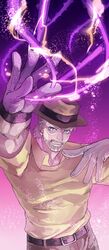  1boy bad_id bad_pixiv_id beard blue_eyes electricity facial_hair gloves grey_hair hamon hat hermit_purple highres jojo_no_kimyou_na_bouken joseph_joestar joseph_joestar_(old) karita_(kali_lgk) male_focus solo stand_(jojo) 