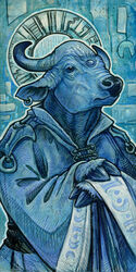  2013 anthro blue_eyes blue_theme bovid bovine cape_buffalo clothed clothing ear_piercing ear_ring halo horn male mammal piercing ring_piercing saint solo ursula_vernon 