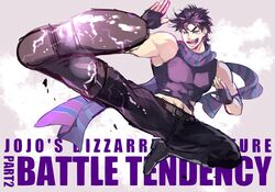  1boy abs bad_id bad_pixiv_id boots copyright_name electricity fingerless_gloves flying_kick gloves grin hamon jojo_no_kimyou_na_bouken joseph_joestar joseph_joestar_(young) karita_(kali_lgk) kicking male_focus midriff_peek purple_eyes purple_hair purple_theme scarf smile solo 