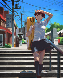  aragaki_nagisa bag brown_hair c.x.c collared_shirt commentary_request female hanebado! outdoors photoshop_(medium) school_uniform shirt short_hair skirt solo spiked_hair stairs tomboy uniform utility_pole 