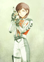  bad_id bad_pixiv_id belt brown_eyes brown_hair female fingerless_gloves gloves gun highres smile solo ultra_series ultraman_tiga_(series) weapon yanase_rena yapo_(mess) 