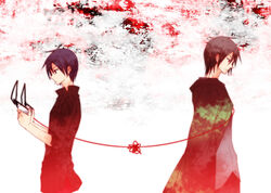  2boys bad_id bad_pixiv_id blue_eyes blue_hair cloak devil_survivor grey_hair headphones makoto_(truechild) multiple_boys naoya_(devil_survivor) photoshop_(medium) protagonist_(devil_survivor) red_eyes 