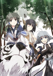  3girls :&lt; :d animal_ears antenna_hair aruruu black_hair black_wings blue_eyes breasts brown_eyes brown_hair camyu closed_eyes commentary_request forest hair_tubes japanese_clothes medium_breasts mukkuru multiple_girls nature open_mouth riding satomi_(black_scarecrow) silver_hair smile tail tiger utawarerumono wings yuzuha_(utawarerumono) 