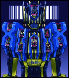  blue_background card commentary_request gekoge_satoru highres kamen_rider kamen_rider_555 kamen_rider_agito_(series) kamen_rider_arc kamen_rider_blade_(series) kamen_rider_caucasus kamen_rider_dcd kamen_rider_den-o_(series) kamen_rider_diend kamen_rider_g4 kamen_rider_gaoh kamen_rider_glaive kamen_rider_hibiki_(series) kamen_rider_kabuki kamen_rider_kabuto_(series) kamen_rider_kiva_(series) kamen_rider_kuuga kamen_rider_kuuga_(series) kamen_rider_orga kamen_rider_ryuga kamen_rider_ryuki_(series) machinery no_humans simple_background 